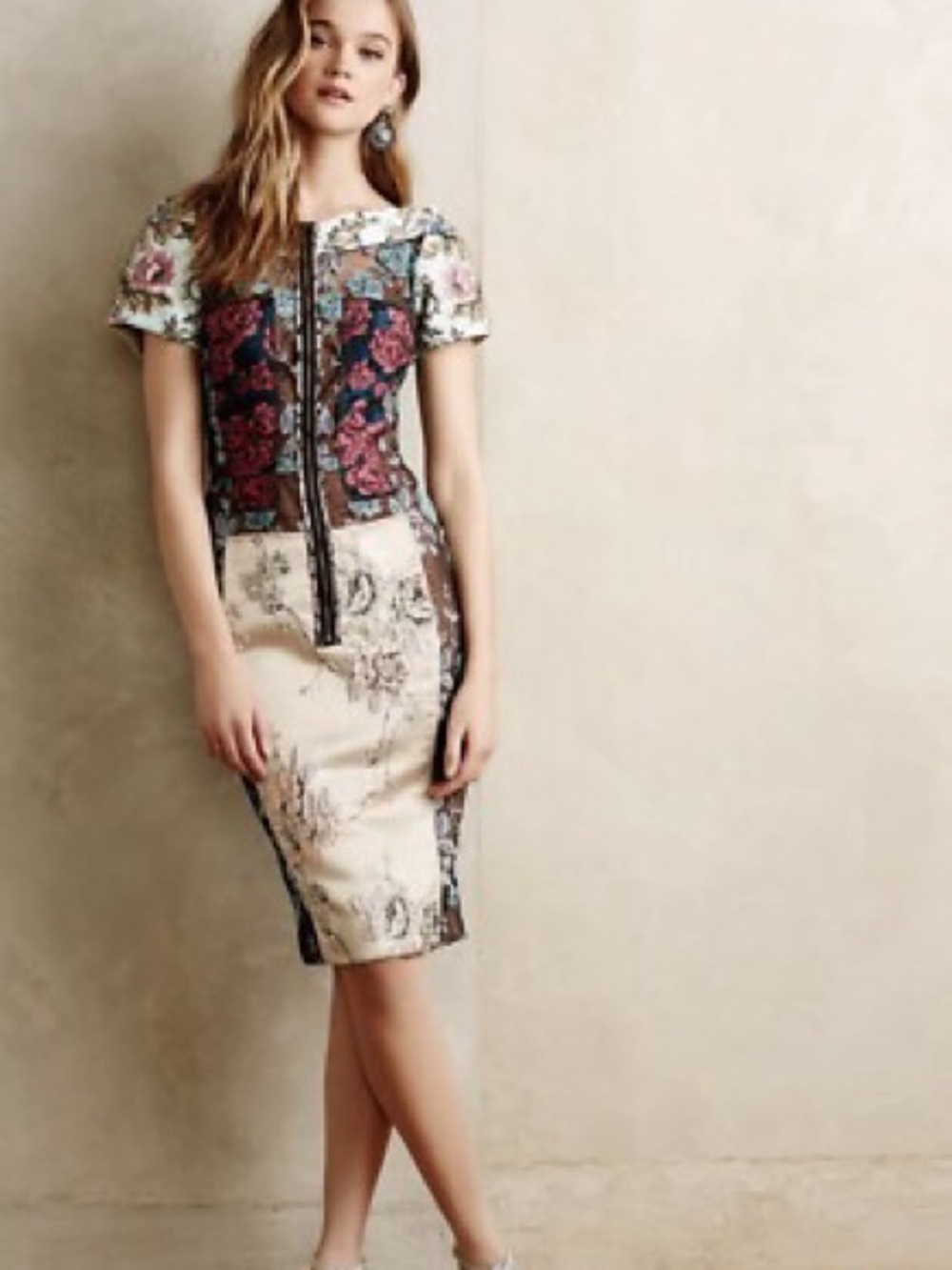 Anthropologie Byron Lars Beguile Brocade Sheat Mixed Floral Panel Midi Dress